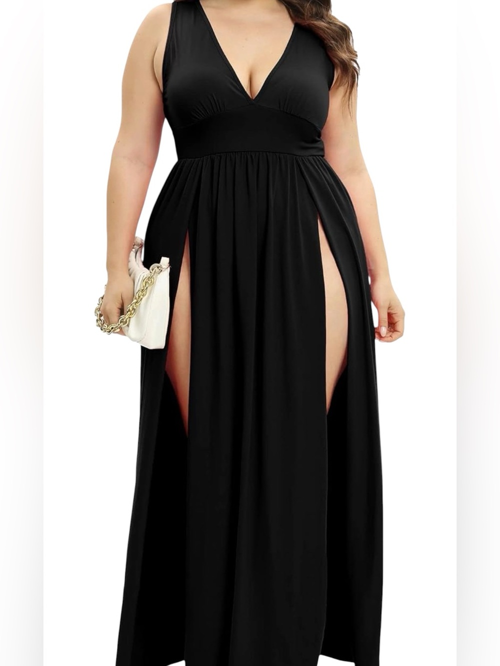 Black Deep V-Neck Maxi Dress with High Side Slits